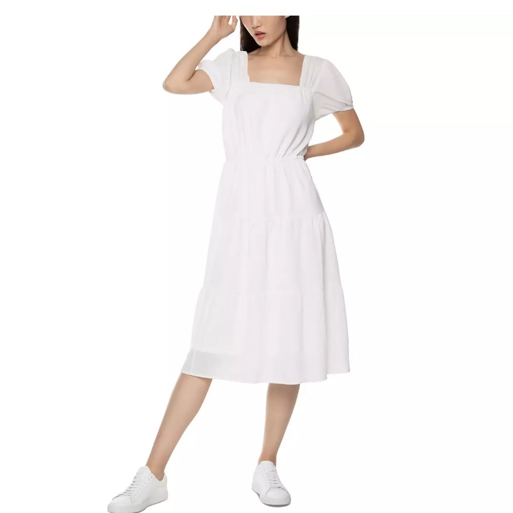 NWT BLACK TAPE Women's White Puff-Sleeve Square Neck Tiered Midi Dress SZ S